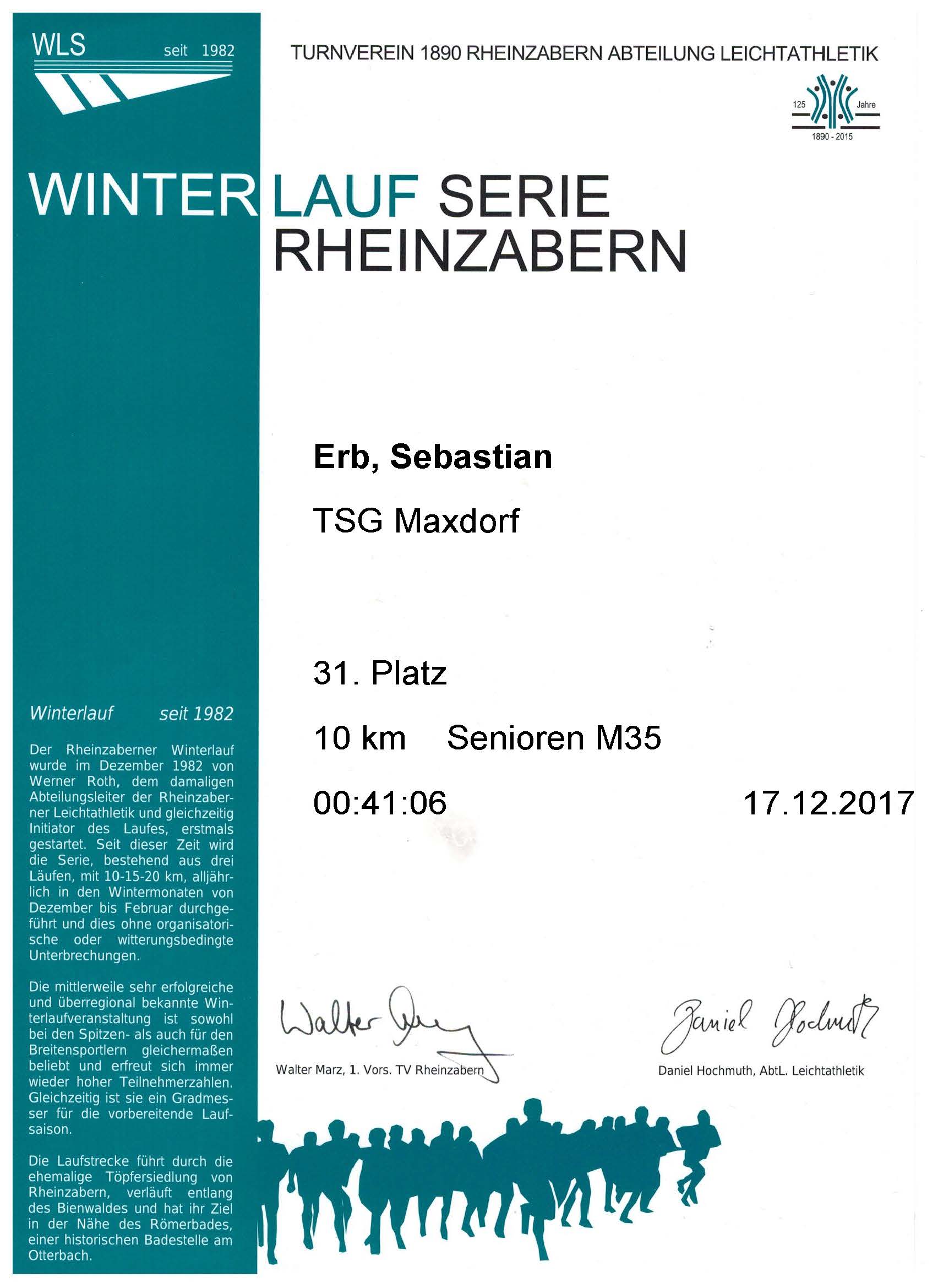 Urkunde Winterlaufserie Rheinzabern Dezember 2017 - 10 km