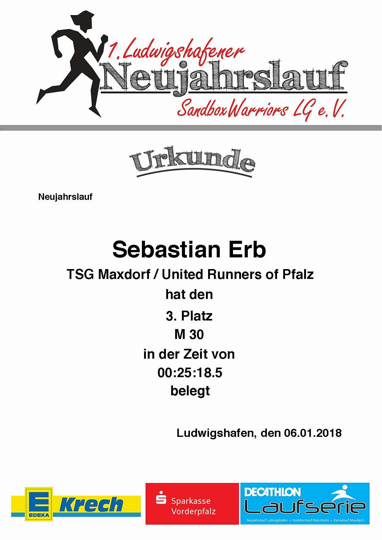 Urkunde 1. Neujahrslauf Ludwigshafen 2018