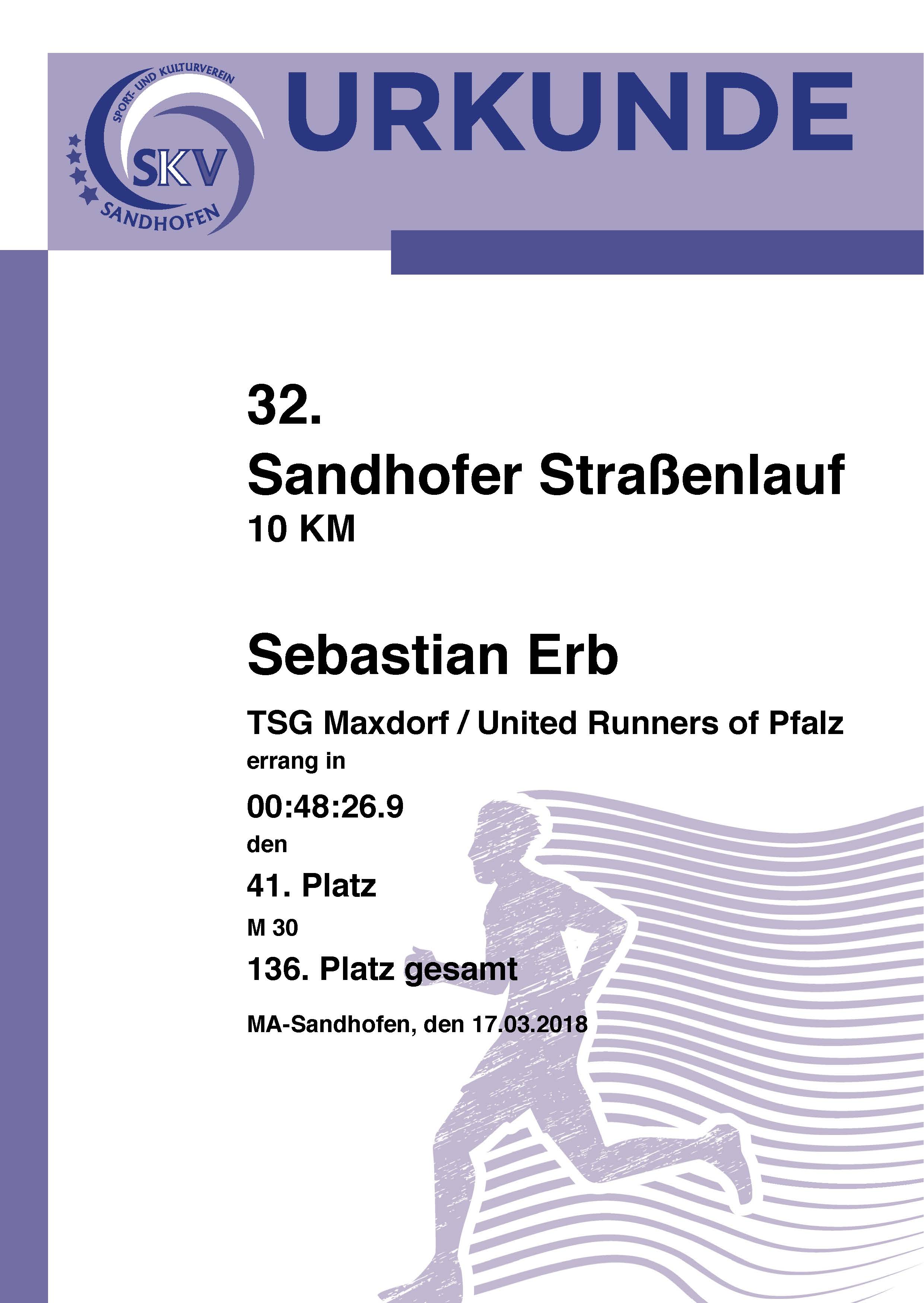 Urkunde - 32. Sandhofer Straßenlauf 2018 - 5 km
