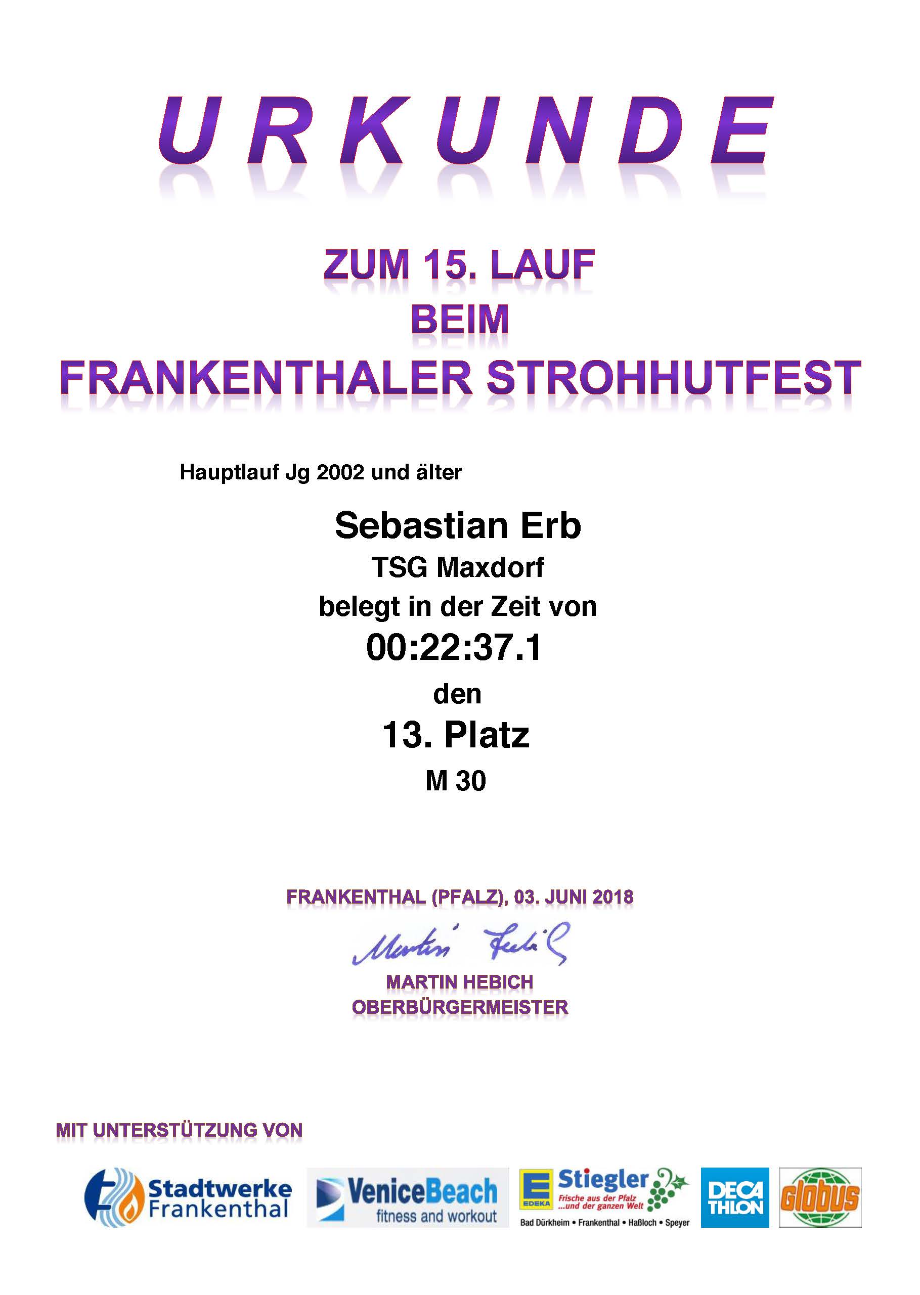 Urkunde Strohhutfestlauf Frankenthal 2018