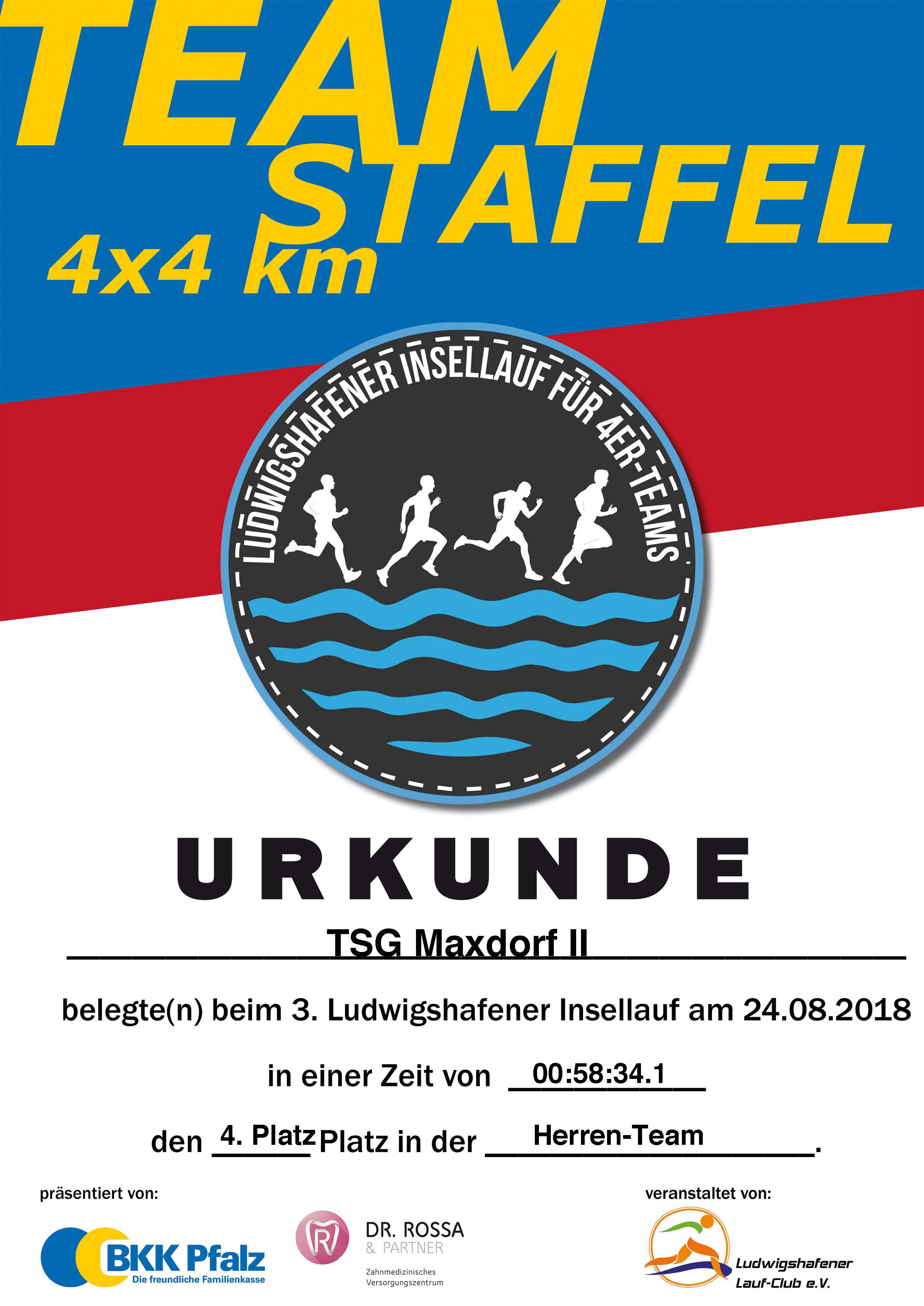 Urkunde 3. Ludwigshafener Parkinsel-Lauf 2018, 4er Staffel TSG Maxdorf