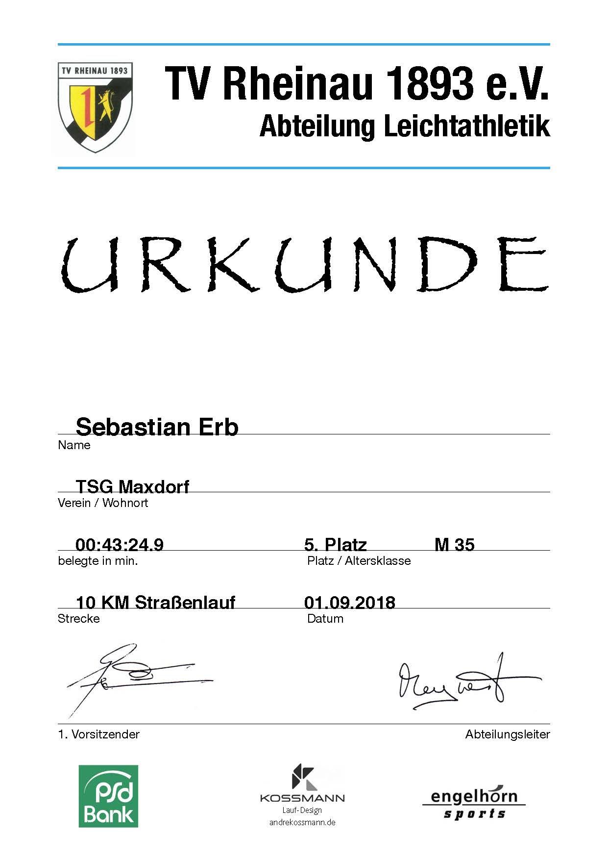 Urkunde 34. Mannheimer Straßenlauf TV Rheinau